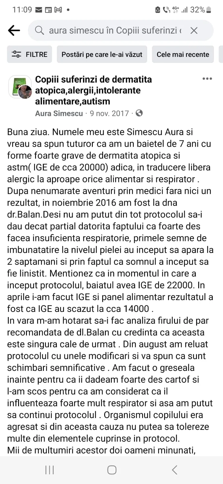 Mărturie din grupul de Facebook (captură 1)
