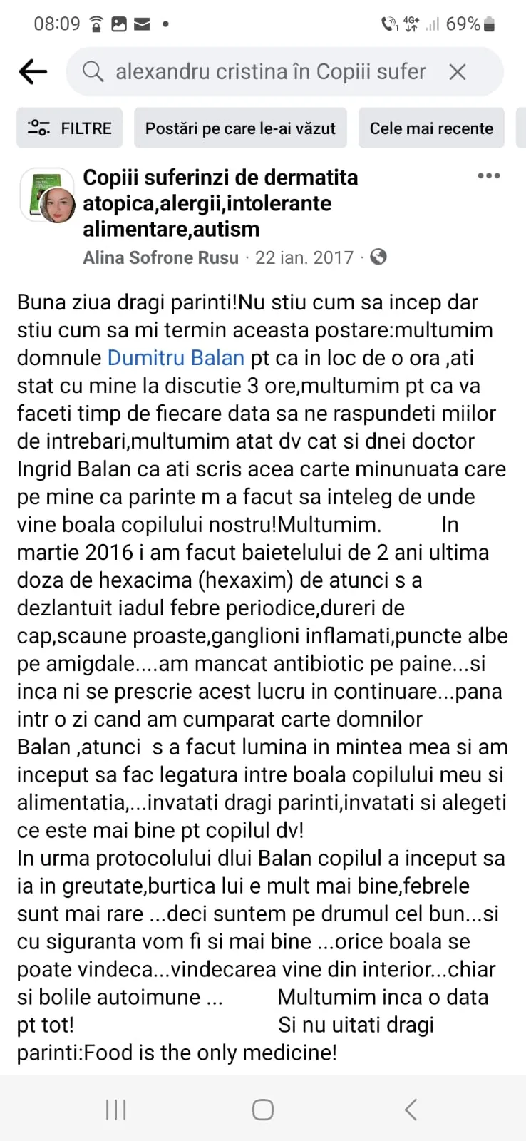 Mărturie din grupul de Facebook (captură 16)