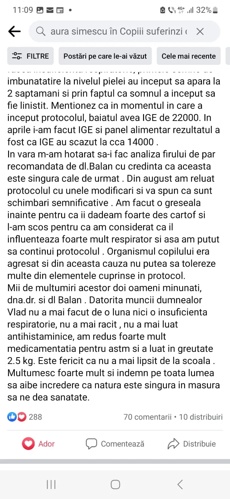 Mărturie din grupul de Facebook (captură 2)
