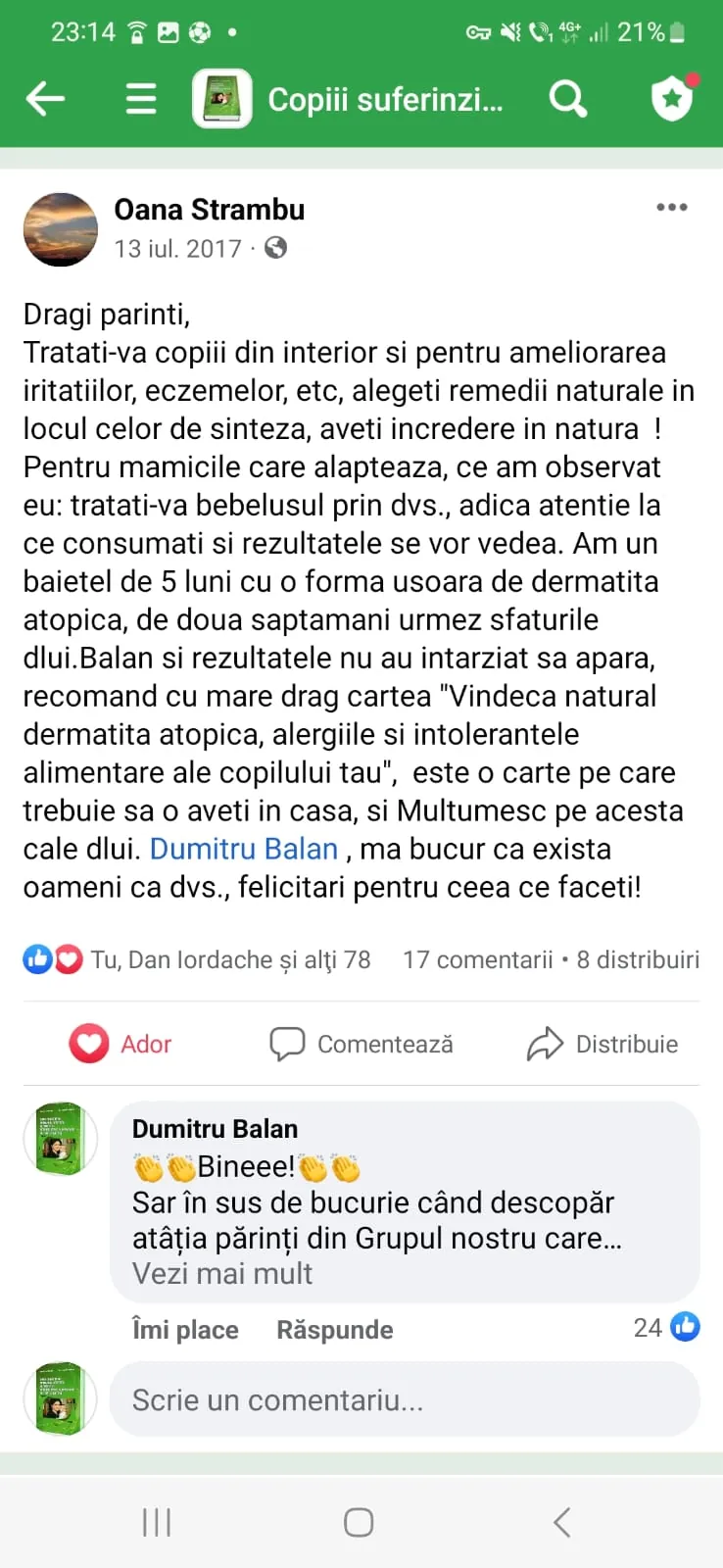 Mărturie din grupul de Facebook (captură 29)