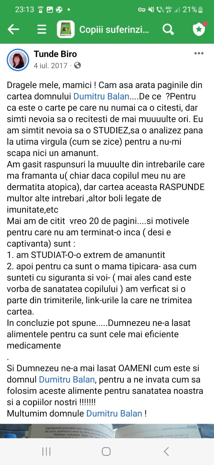 Mărturie din grupul de Facebook (captură 30)