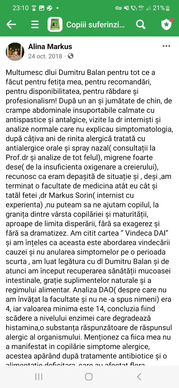 Mărturie din grupul de Facebook (captură 34)