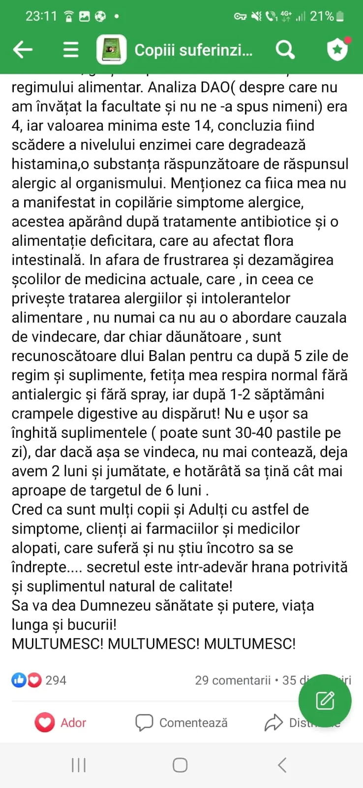 Mărturie din grupul de Facebook (captură 35)