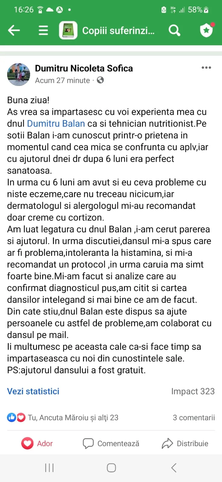 Mărturie din grupul de Facebook (captură 4)