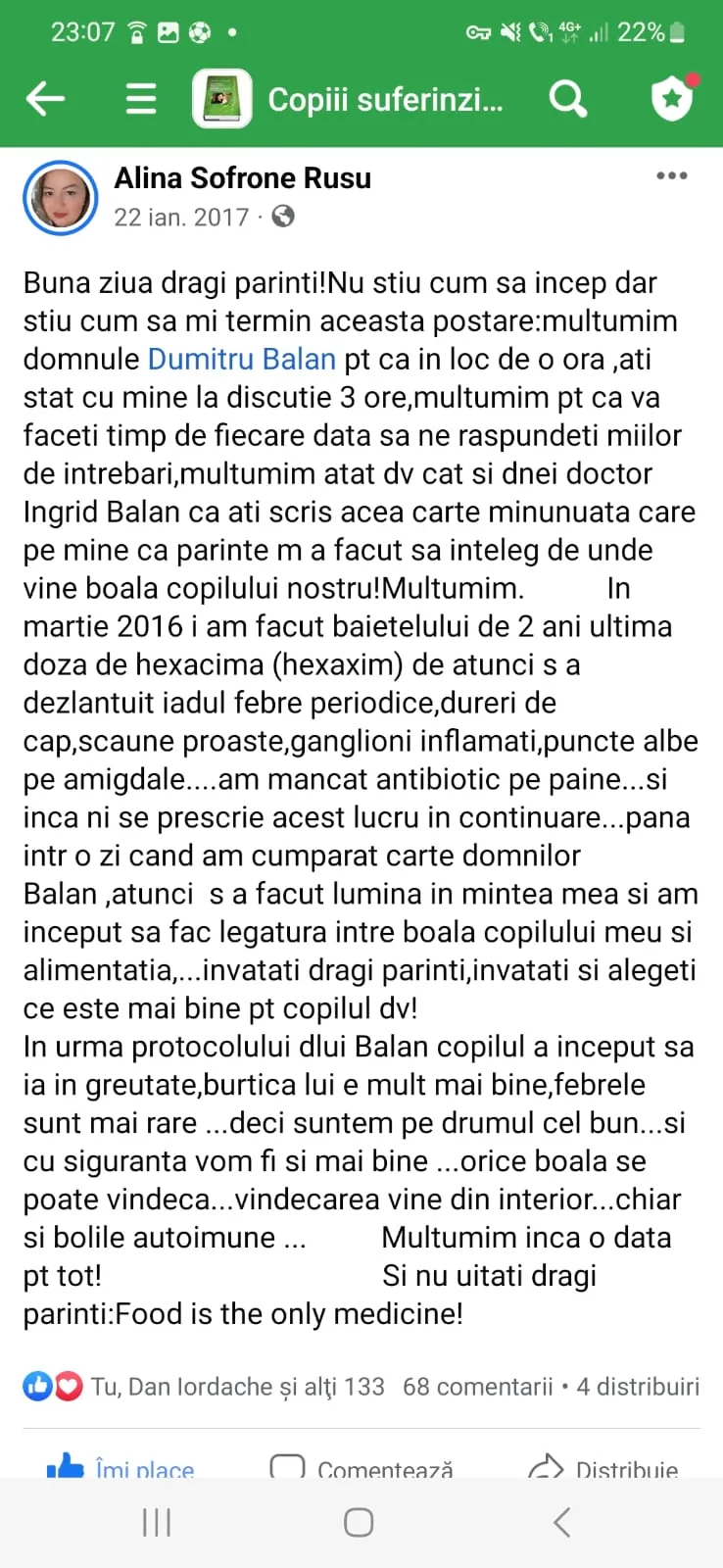 Mărturie din grupul de Facebook (captură 43)