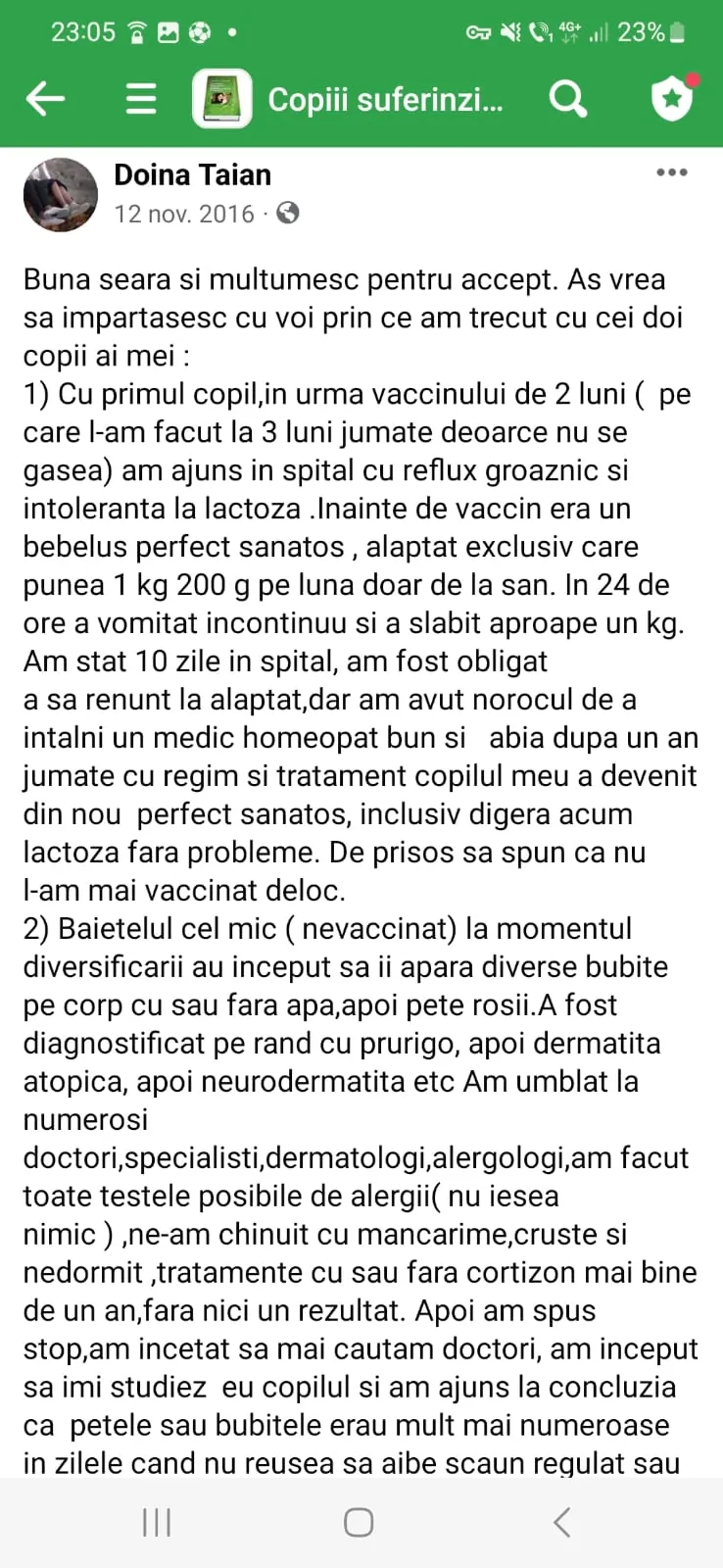 Mărturie din grupul de Facebook (captură 47)