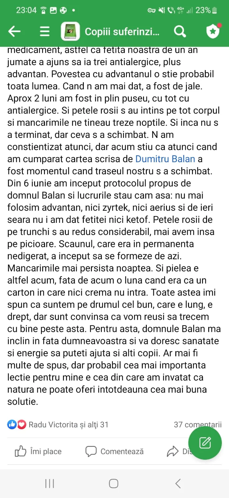 Mărturie din grupul de Facebook (captură 50)