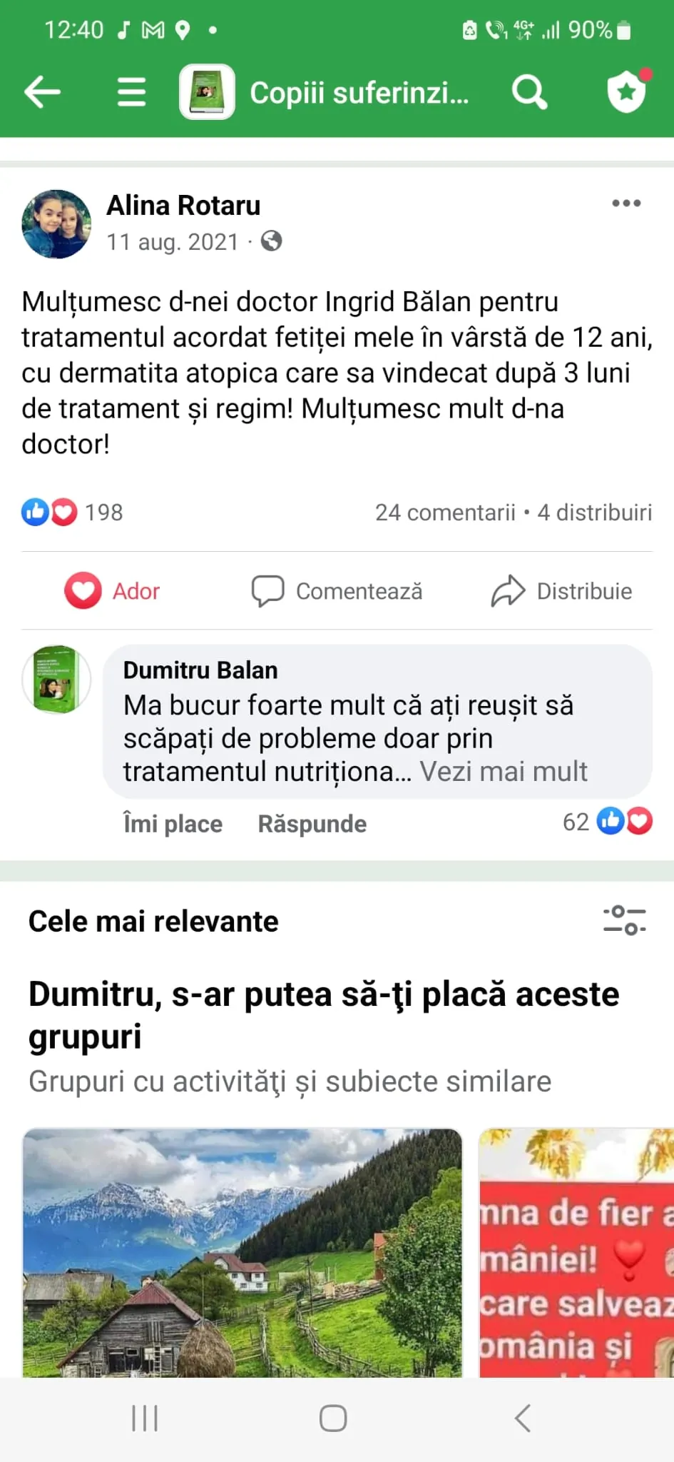 Mărturie din grupul de Facebook (captură 1)
