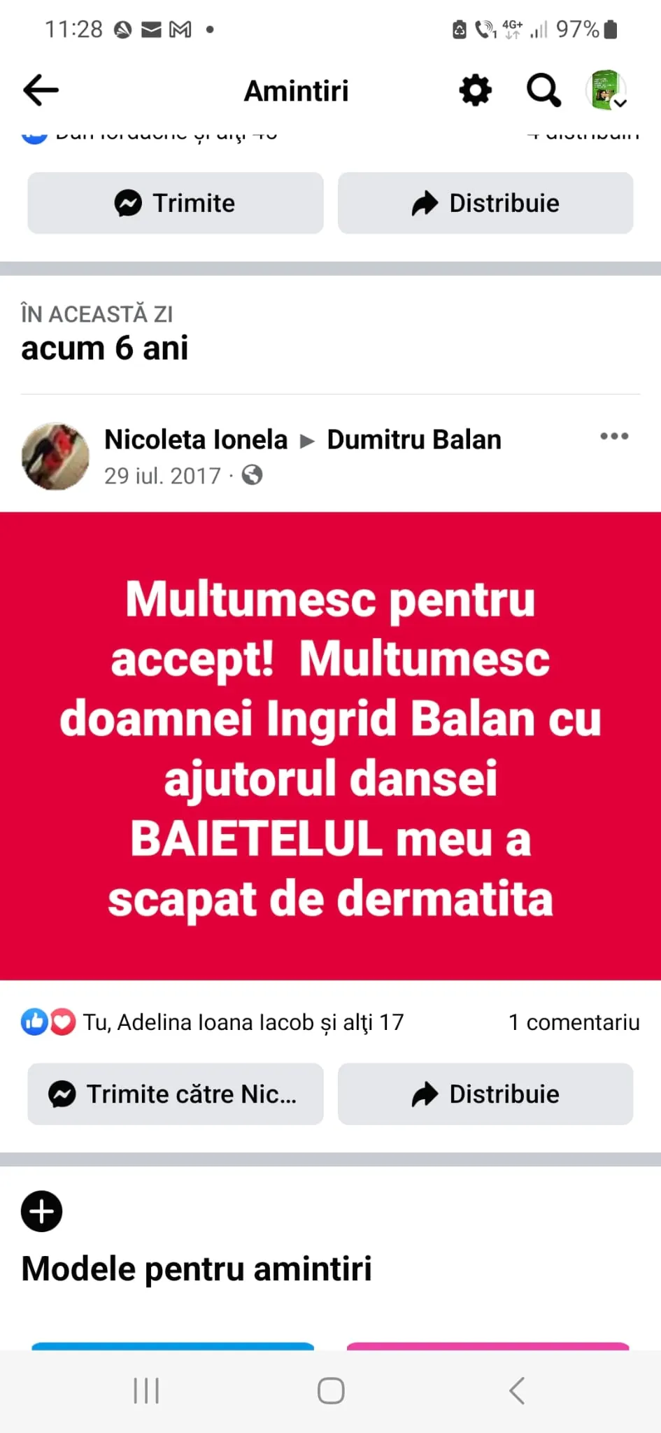 Mărturie din grupul de Facebook (captură 2)
