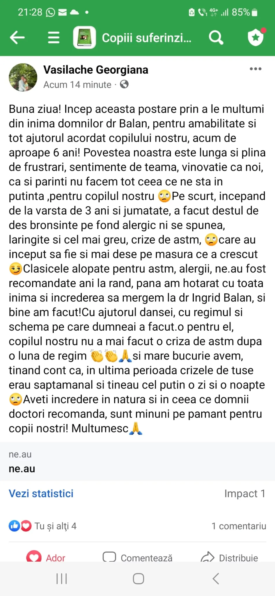 Mărturie din grupul de Facebook (captură 3)