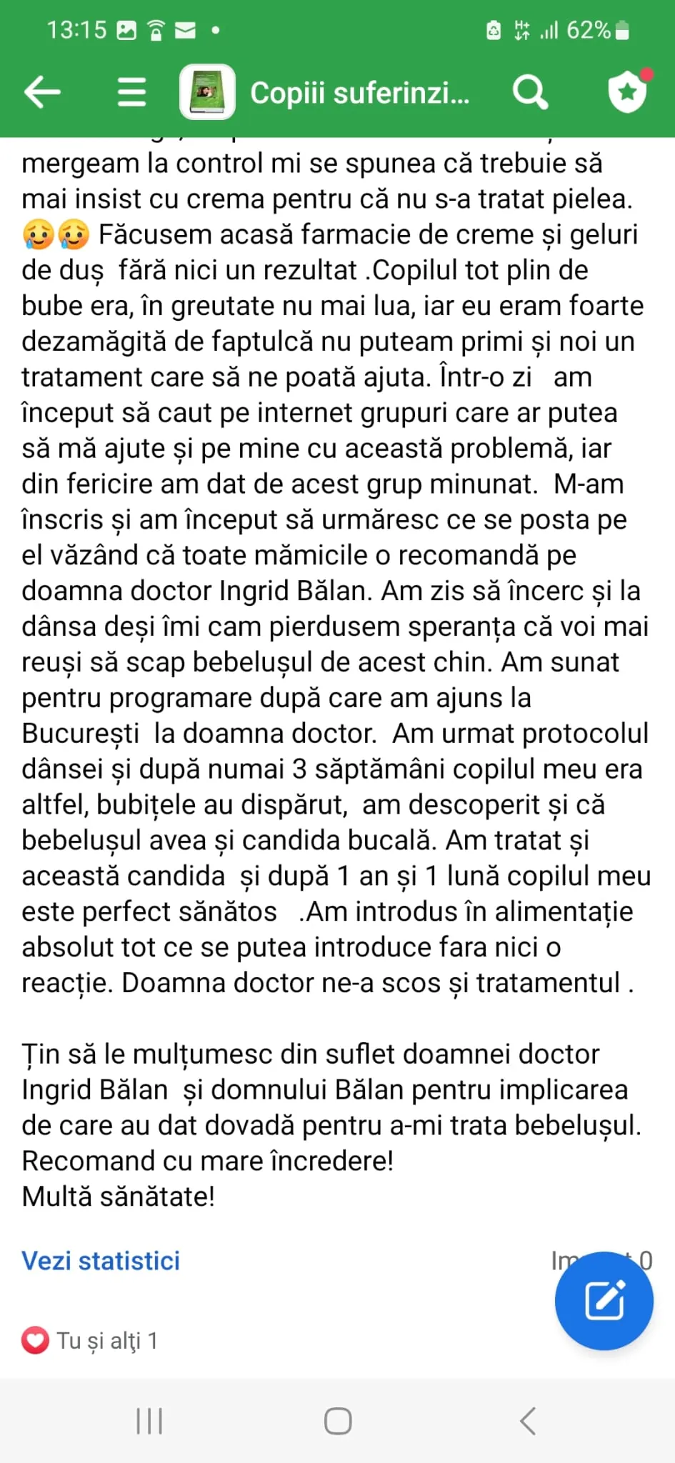 Mărturie din grupul de Facebook (captură 5)