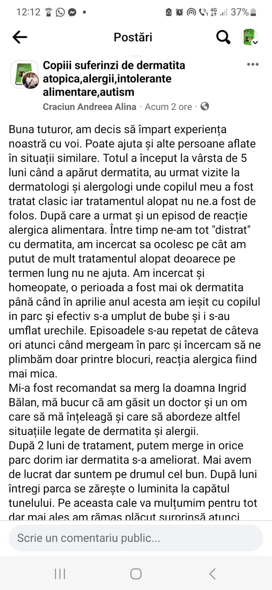 Mărturie din grupul de Facebook (captură 6)