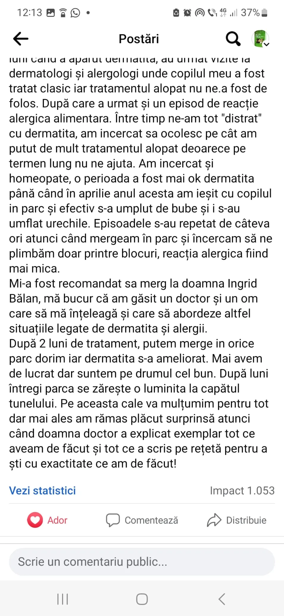 Mărturie din grupul de Facebook (captură 7)