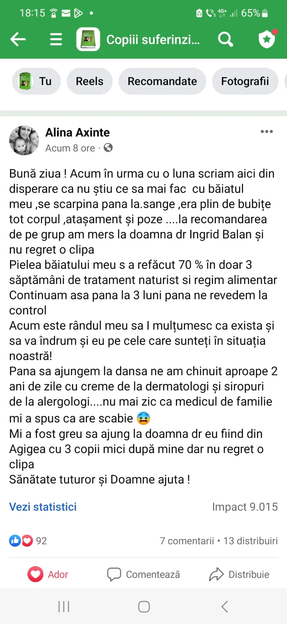 Mărturie din grupul de Facebook (captură 8)