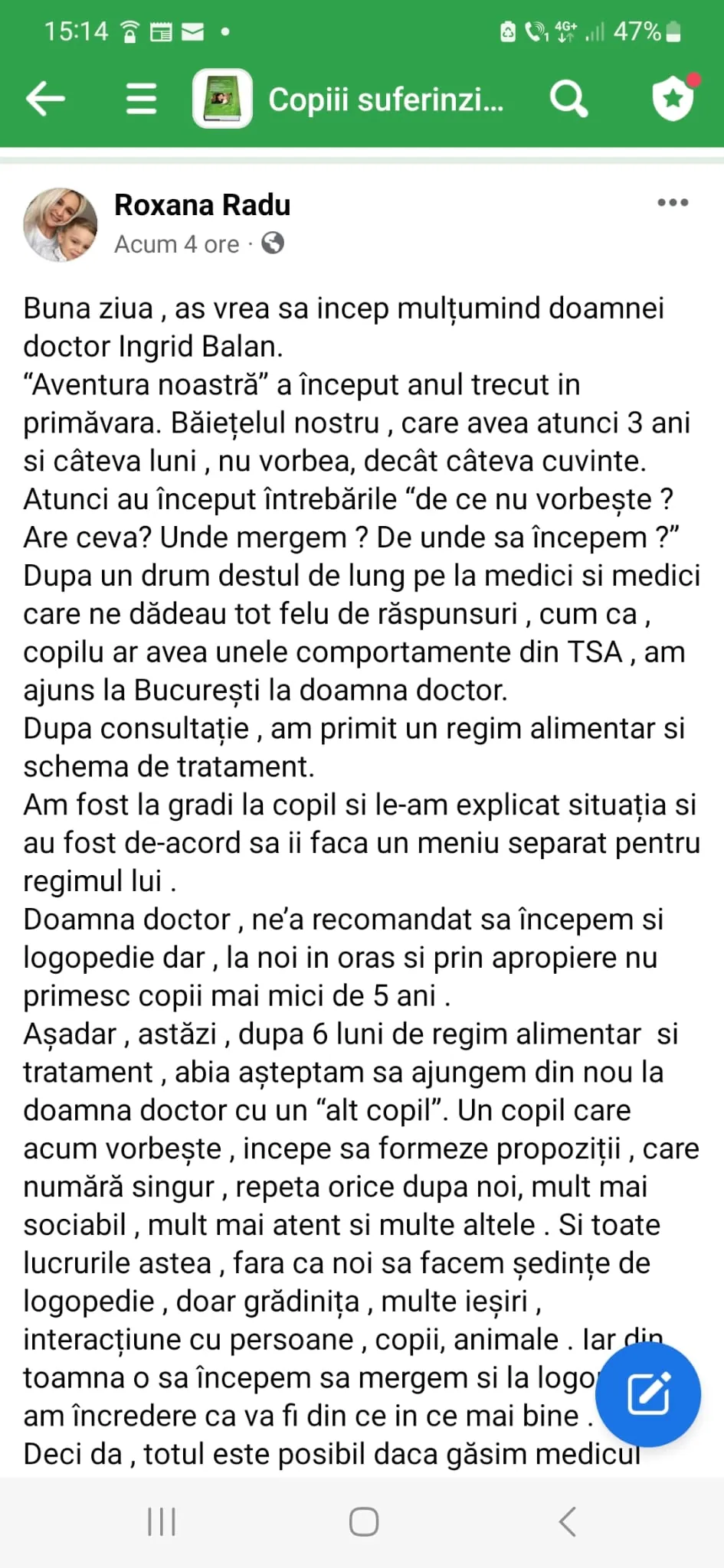 Mărturie din grupul de Facebook (captură 9)