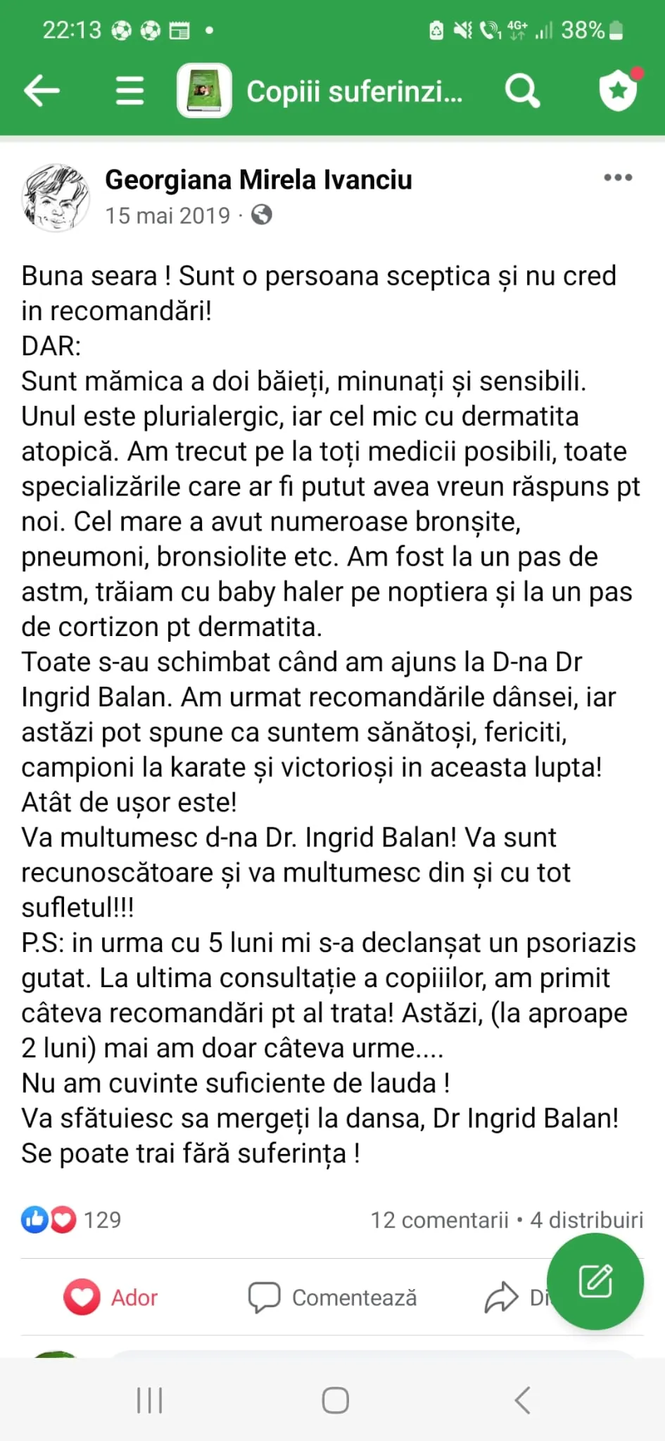 Mărturie din grupul de Facebook (captură 12)