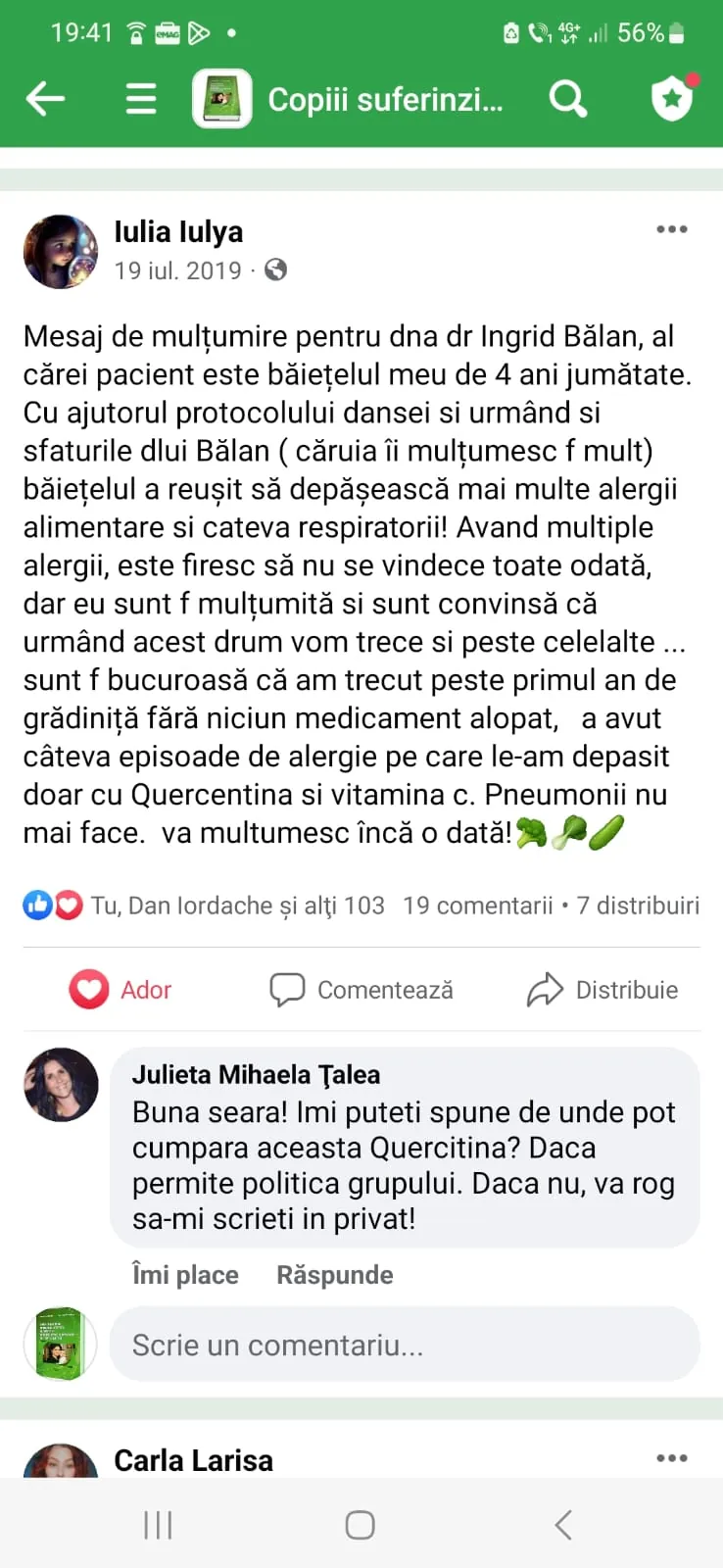 Mărturie din grupul de Facebook (captură 18)