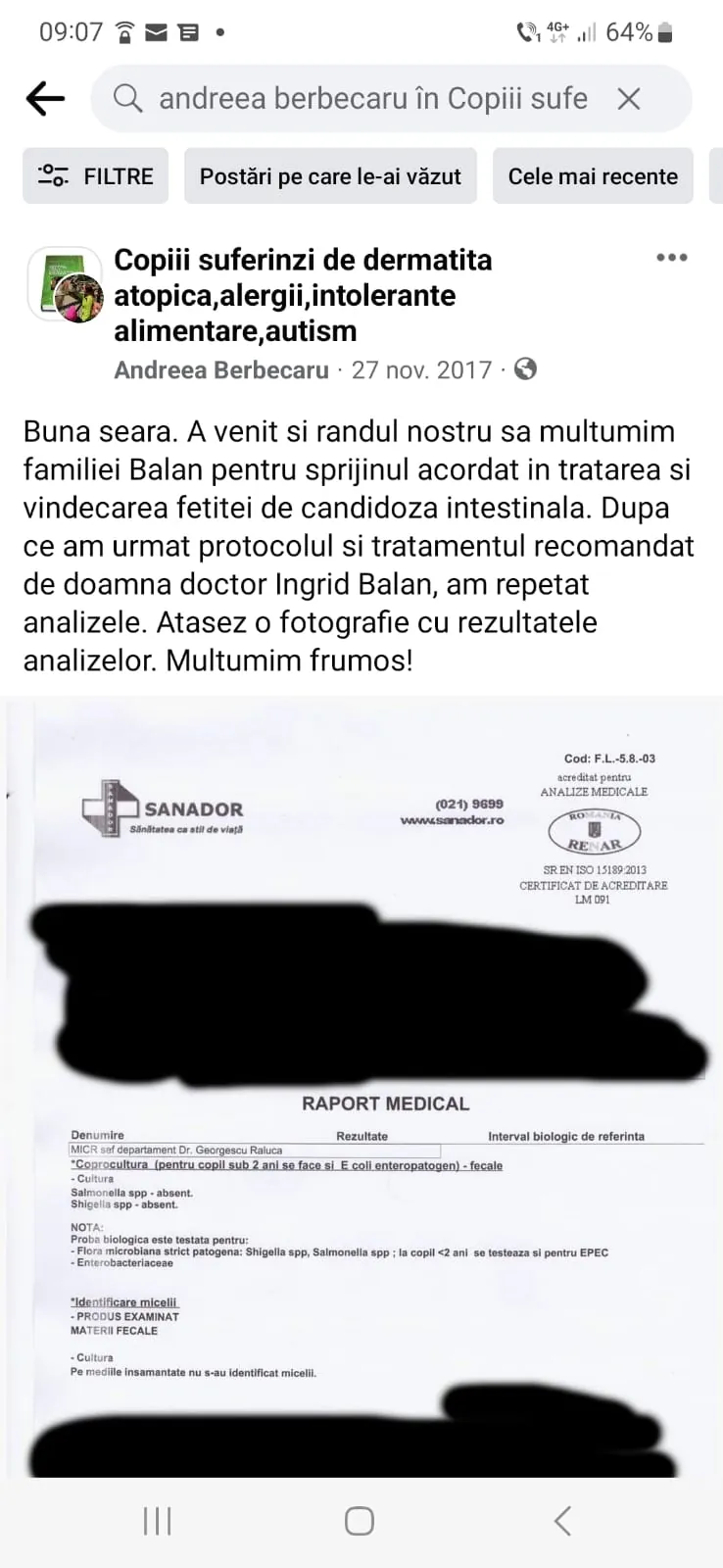 Mărturie din grupul de Facebook (captură 23)