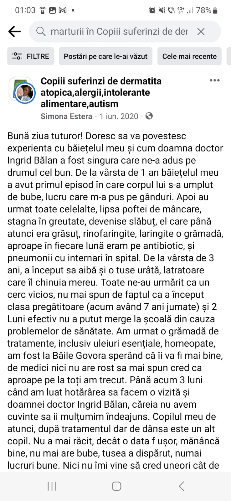 Mărturie din grupul de Facebook (captură 25)