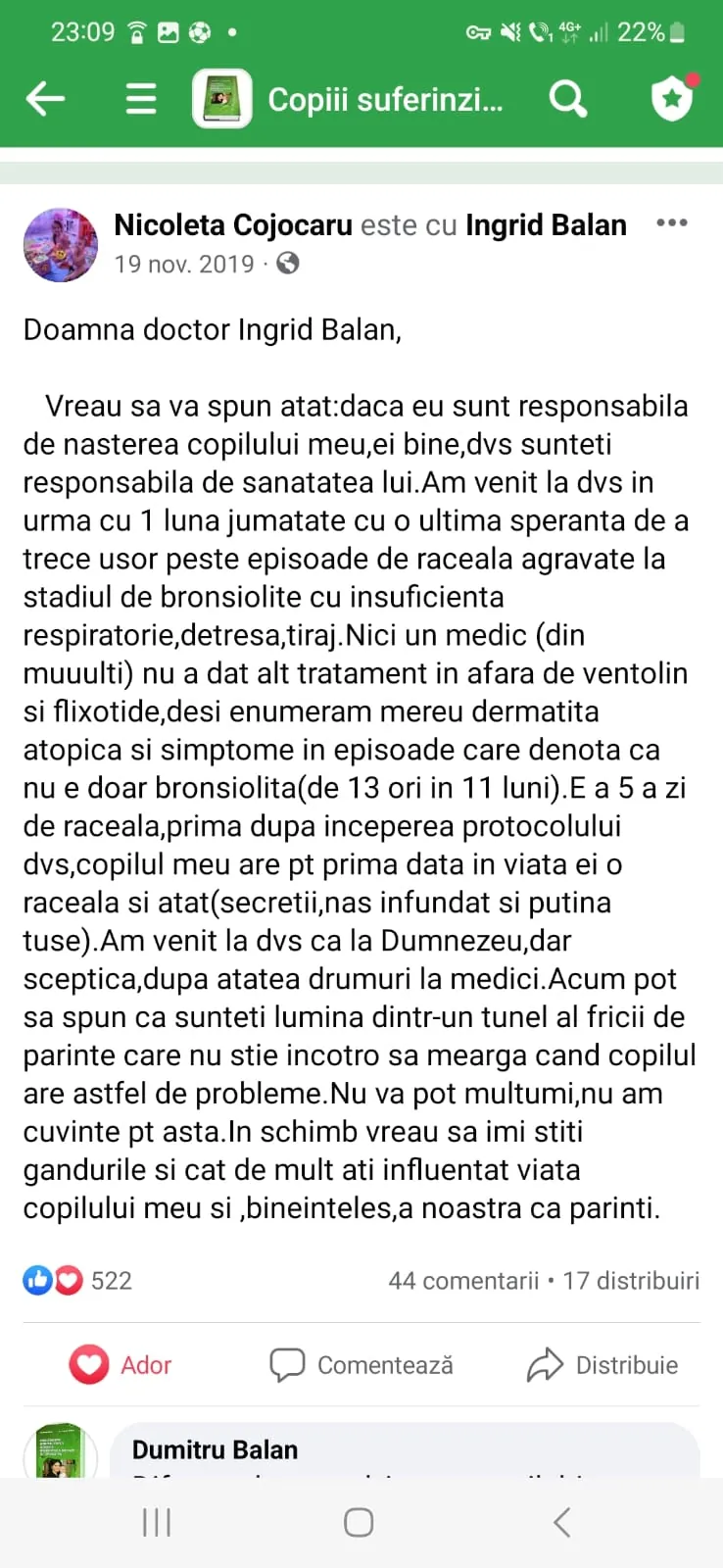 Mărturie din grupul de Facebook (captură 48)