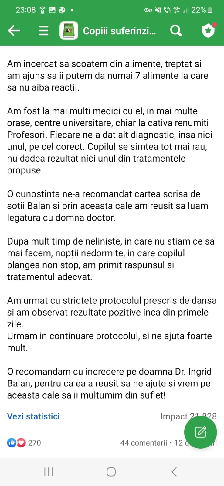 Mărturie din grupul de Facebook (captură 50)