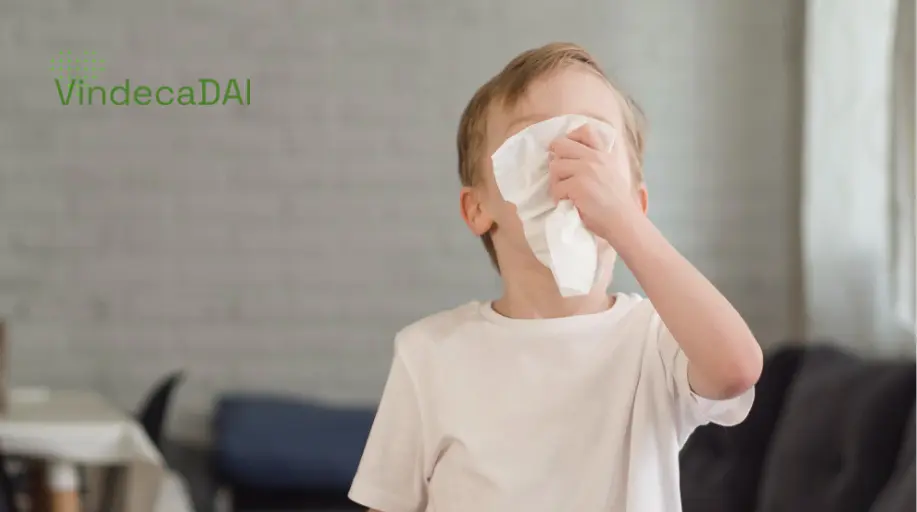 Băiat strănutând și suflându-și nasul cu un șervețel acasă, îmbrăcat în tricou alb