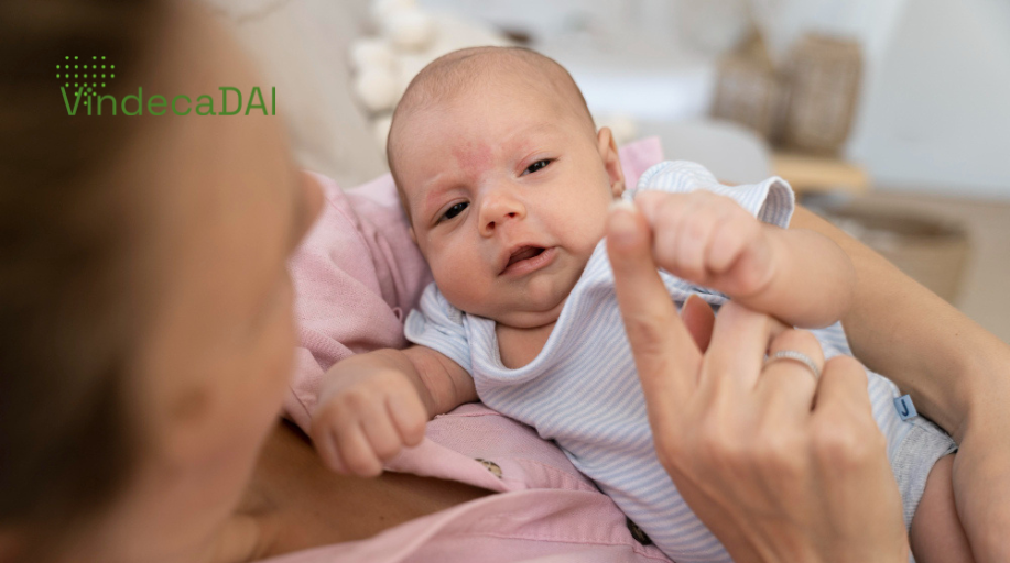 bebeluș cu piele iritată eczma pe față care se joacă cu degetul mamei vindecadai