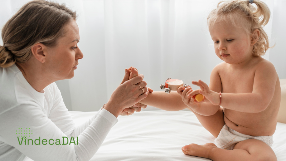 mama cu copil care ține piciorul beblusui în mână copil cu dermatită vindecadai